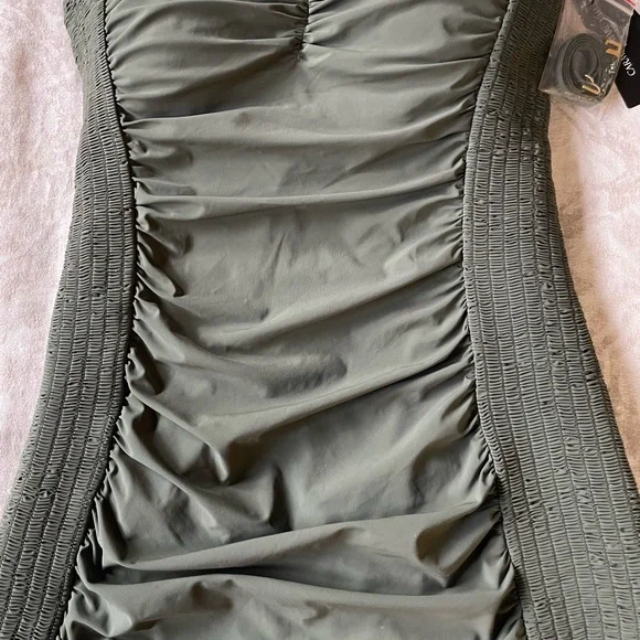 Olive Green Carmen Marc Valvo Ruched One-Piece Swimsuit with Detachable Strap - Picture 3 of 7